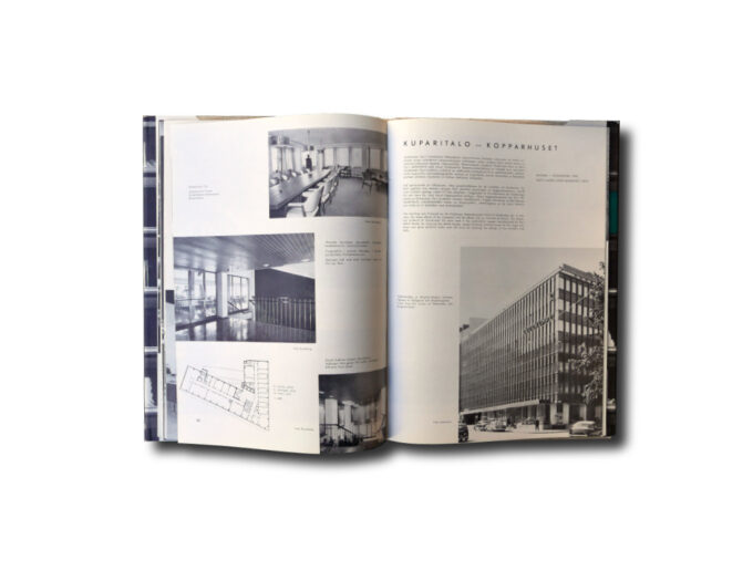 Sample spread of the book Suomen liike-elämän arkkitehtuuria – Merkantil arkitektur i Finland – Business Architecture in Finland