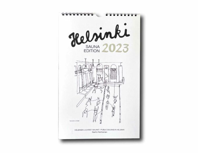 Cover of the Helsinki Sauna Edition 2023 calendar with a drawing of the Yrjönkatu swimming pool.