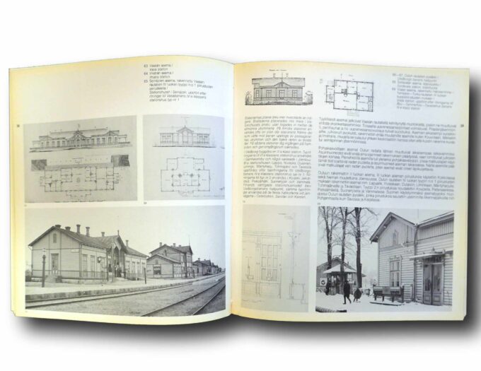 Photo showing a sample spread of the book Rautateiden arkkitehtuuri – Järnvägarnas arkitektur