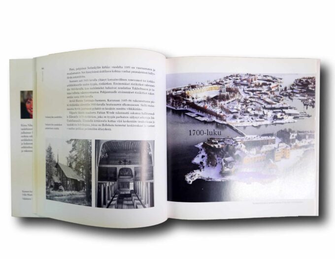 Photo showing a sample spread of the book Suomen arkkitehtuurin ääriviivat