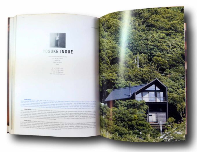 Photo showing a sample spread of the book Wood Architecture Now! / Holz-Architectur heute! / L'architecture en bois d'aujourd'hui!