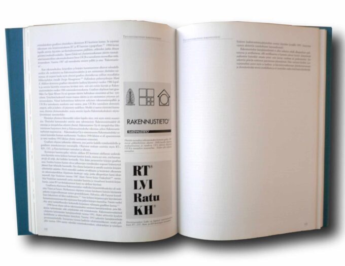 Photo showing a sample spread of the book Rakennustiedon historiikki