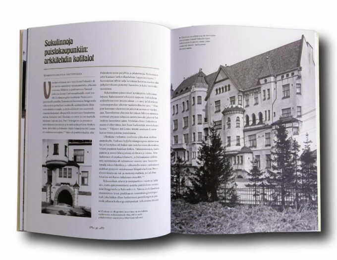 Photo showing a sample spread of the book Arkkitehtuurin romantikko: Jugendarkkitehti Gustaf Estlander