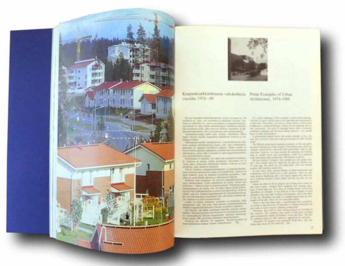 Photo showing a sample spread of the book Suomalaista kaupunkiarkkitehtuuria Finnish Town Planning and Architecture