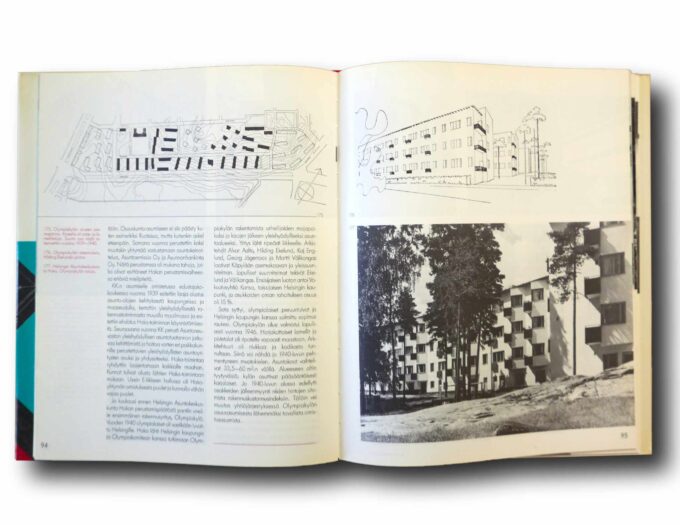 Photo showing a sample spread of the book Osuusliike rakentaa – Ajankuvia arkkitehtuurista
