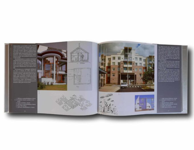 Photo showing a sample spread of the book Suomalaisen asuntoarkkitehtuurin tarina – The Story of Finnish Housing Architecture
