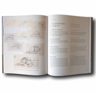 Photo showing a sample spread of the book Jälkikaikuja: Arkkitehtuurin Oulun koulu