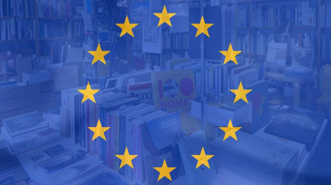 EU flag on top of a photo of our bookshop in August 2026